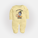 My First Janmashtami Krishna With Cow & Matki Print Fullbody suit - PASTEL YELLOW - New Born (Chest 7.5")