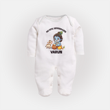 My First Janmashtami Krishna With Cow & Matki Print Fullbody suit - WHITE - New Born (Chest 7.5")
