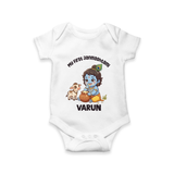 My First Janmashtami Krishna With Cow & Matki Print Romper - WHITE - New Born (Chest 14")