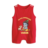 My First Janmashtami Krishna With Cow & Matki Print Button Romper - RED - New Born (Chest 18")