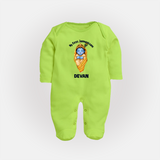 My First Janmashtami Sleeping Krishna Blessings Print Fullbody suit - LIME GREEN - New Born (Chest 7.5")