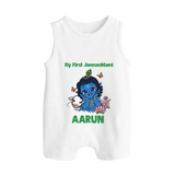 My First Janmashtami Baby Krishna Lotus Charm Print Button Romper - WHITE - New Born (Chest 18")