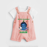 My First Janmashtami Baby Krishna Lotus Charm Print Dungaree - PEACH - 0 - 5 Months Old (Chest 18")