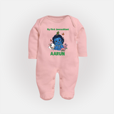 My First Janmashtami Baby Krishna Lotus Charm Print Fullbody suit - BABY PINK - New Born (Chest 7.5")