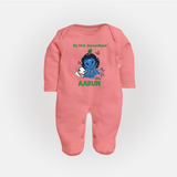 My First Janmashtami Baby Krishna Lotus Charm Print Fullbody suit - PEACH - New Born (Chest 7.5")