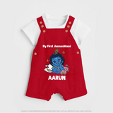 My First Janmashtami Baby Krishna Lotus Charm Print Dungaree - RED - 0 - 5 Months Old (Chest 18")