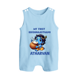 My First Krishna Janmashtami Butter Lover Print Button Romper - BABY BLUE - New Born (Chest 18")