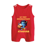 My First Krishna Janmashtami Butter Lover Print Button Romper - RED - New Born (Chest 18")