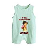 My First Krishna Janmashtami Cute Bal Krishna Print Button Romper - MINT GREEN - New Born (Chest 18")
