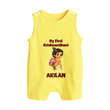 My First Krishna Janmashtami Cute Bal Krishna Print Button Romper - PASTEL YELLOW - New Born (Chest 18")