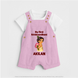 My First Krishna Janmashtami Cute Bal Krishna Print Dungaree - BABY PINK - 0 - 5 Months Old (Chest 18")