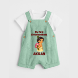 My First Krishna Janmashtami Cute Bal Krishna Print Dungaree - MINT GREEN - 0 - 5 Months Old (Chest 18")