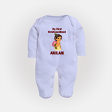 My First Krishna Janmashtami Cute Bal Krishna Print Fullbody suit - BABY BLUE - New Born (Chest 7.5")