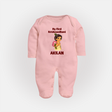 My First Krishna Janmashtami Cute Bal Krishna Print Fullbody suit - BABY PINK - New Born (Chest 7.5")