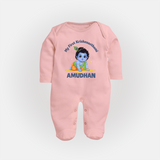 My First Krishna Janmashtami Little Kanha Print Fullbody suit - BABY PINK - New Born (Chest 7.5")
