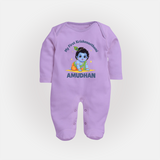 My First Krishna Janmashtami Little Kanha Print Fullbody suit - LILAC - New Born (Chest 7.5")