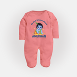 My First Krishna Janmashtami Little Kanha Print Fullbody suit - PEACH - New Born (Chest 7.5")