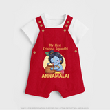 My First Krishna Janmashtami Sweet Krishna Celebration Print Dungaree - RED - 0 - 5 Months Old (Chest 18")