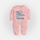 My First Janmashtami Peacock Feather Krishna Print Fullbody suit - BABY PINK - New Born (Chest 7.5")
