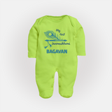 My First Janmashtami Peacock Feather Krishna Print Fullbody suit - LIME GREEN - New Born (Chest 7.5")