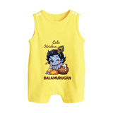 Cute Krishna Makhan Matki Print Button Romper - PASTEL YELLOW - New Born (Chest 18")