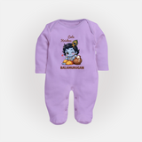 Cute Krishna Makhan Matki Print Fullbody suit - LILAC - New Born (Chest 7.5")