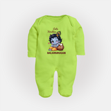 Cute Krishna Makhan Matki Print Fullbody suit - LIME GREEN - New Born (Chest 7.5")