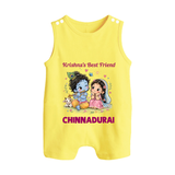 Krishna Radha Friendship Love Print Button Romper - PASTEL YELLOW - New Born (Chest 18")