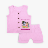 Krishna Radha Friendship Love Print Jhabla Set - BABY PINK - 0 - 3 Months Old (Chest 9.8")