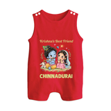 Krishna Radha Friendship Love Print Button Romper - RED - New Born (Chest 18")