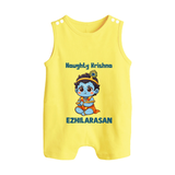 Naughty Little Krishna Flute Theme Print Button Romper - PASTEL YELLOW - New Born (Chest 18")