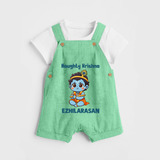 Naughty Little Krishna Flute Theme Print Dungaree - GREEN - 0 - 5 Months Old (Chest 18")