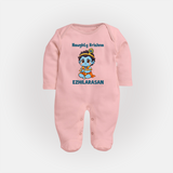 Naughty Little Krishna Flute Theme Print Fullbody suit - BABY PINK - New Born (Chest 7.5")