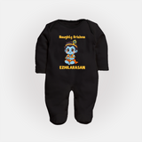 Naughty Little Krishna Flute Theme Print Fullbody suit - BLACK - New Born (Chest 7.5")