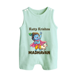 Cute Krishna Cow & Flute Theme Print Button Romper - MINT GREEN - New Born (Chest 18")