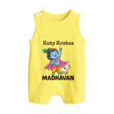 Cute Krishna Cow & Flute Theme Print Button Romper - PASTEL YELLOW - New Born (Chest 18")