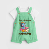 Cute Krishna Cow & Flute Theme Print Dungaree - GREEN - 0 - 5 Months Old (Chest 18")