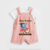 Cute Krishna Cow & Flute Theme Print Dungaree - PEACH - 0 - 5 Months Old (Chest 18")