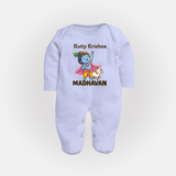 Cute Krishna Cow & Flute Theme Print Fullbody suit - BABY BLUE - New Born (Chest 7.5")