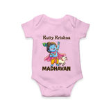Cute Krishna Cow & Flute Theme Print Romper - BABY PINK - New Born (Chest 14")