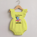 Cute Krishna Cow & Flute Theme Print Romper Frock - PASTEL YELLOW - 0 - 3 Months Old (Chest 19")