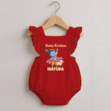 Cute Krishna Cow & Flute Theme Print Romper Frock - RED - 0 - 3 Months Old (Chest 19")