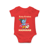 Cute Krishna Cow & Flute Theme Print Romper - RED - New Born (Chest 14")
