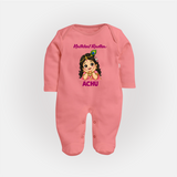 Little Radha Krishna Divine Charm Print Fullbody suit - PEACH - New Born (Chest 7.5")