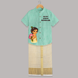 Jai Shri Krishna Divine Little Krishna Printed Shirt and Dhoti - AQUA GREEN - 0 - 6 Months Old (Chest-23") (Dhoti length-14")