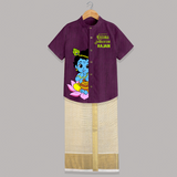 Krishna Janmashtami Lotus Celebration Printed Shirt and Dhoti - GRAPE - 0 - 6 Months Old (Chest-23") (Dhoti length-14")