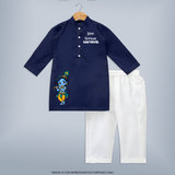 Little Krishna Butter Delight Illustration Printed Kurta - NAVY BLUE - 3 - 6 Months Old (Chest 24", Kurta Length 14'', Waist 19", Pant Length 14")