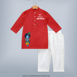 Little Krishna Butter Delight Illustration Printed Kurta - RED - 3 - 6 Months Old (Chest 24", Kurta Length 14'', Waist 19", Pant Length 14")