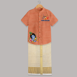 Divine Krishna Flute Feather Illustration Printed Shirt and Dhoti - ORANGE - 0 - 6 Months Old (Chest-23") (Dhoti length-14")