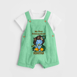 My First Krishnashtami Dungaree Set | Personalized Baby Dungaree Set for Krishnashtami - GREEN - 0 - 5 Months Old (Chest 18")